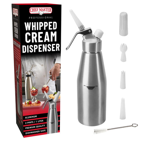 Dispensador de chantilly de aluminio Chef Master con capacidad de 1 litro para hornear y decorar.