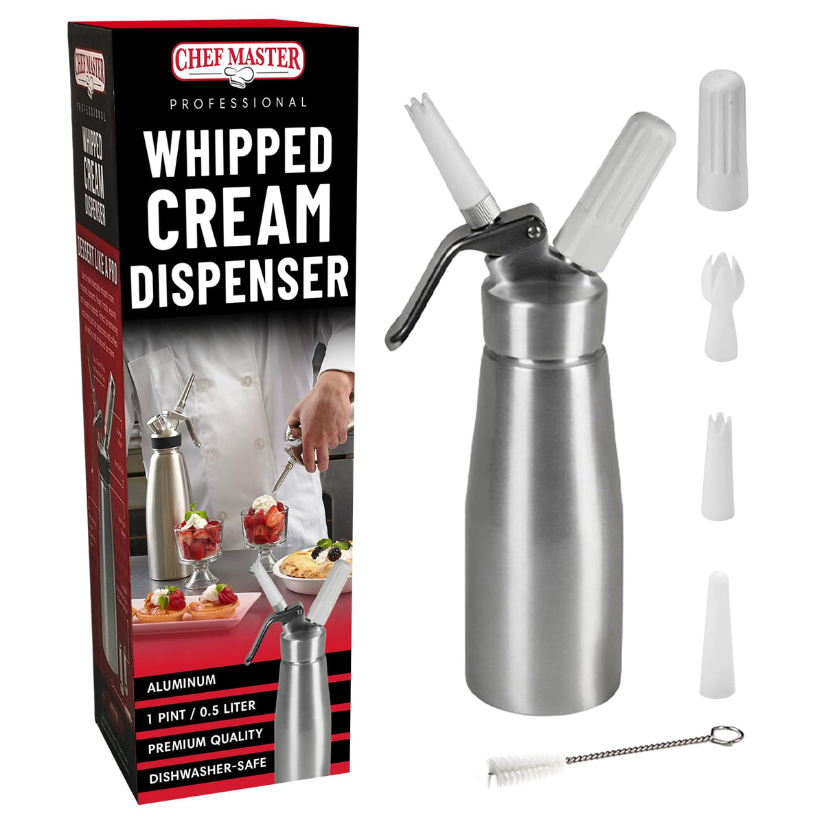 Dispenser Chef Master de aluminio para nata, capacidad de 1 litro para uso profesional en casa
