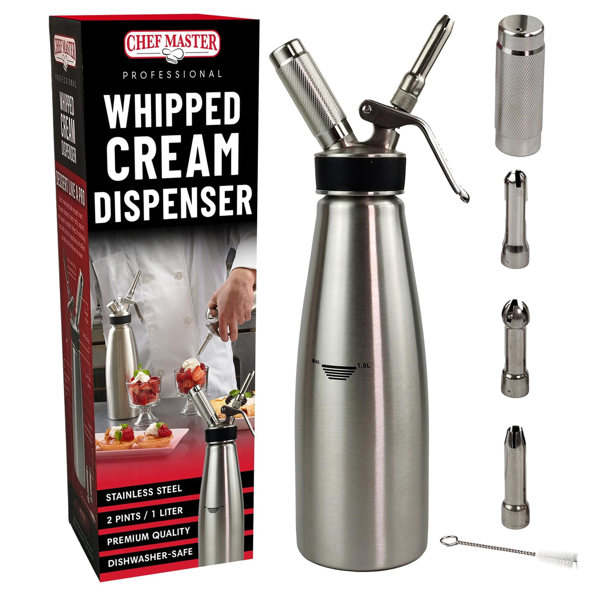 Dispensador Chef Master 1 L en acero inoxidable para uso casero y profesional.