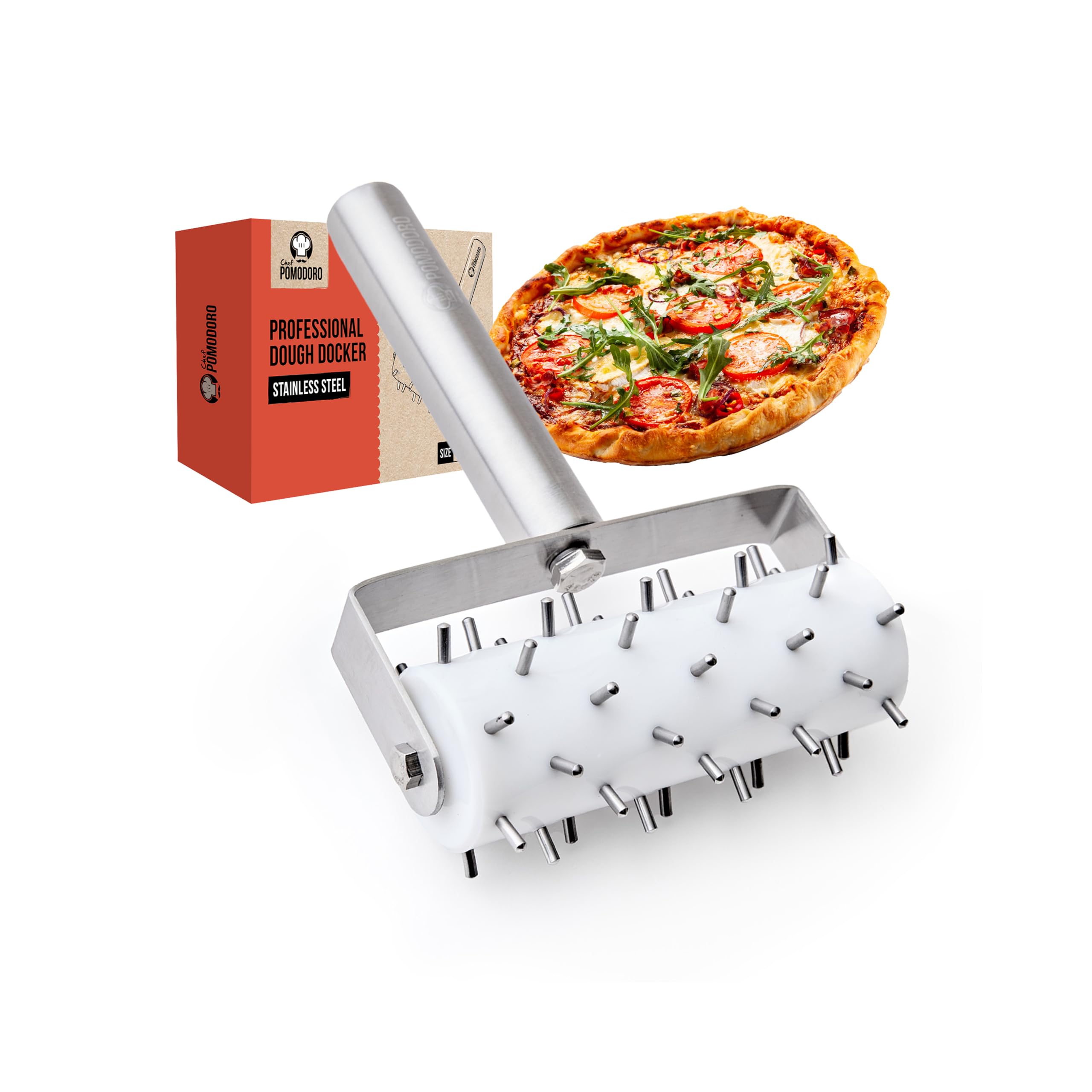 Rodillo perforador Chef Pomodoro en acero inoxidable para masa de pizza.