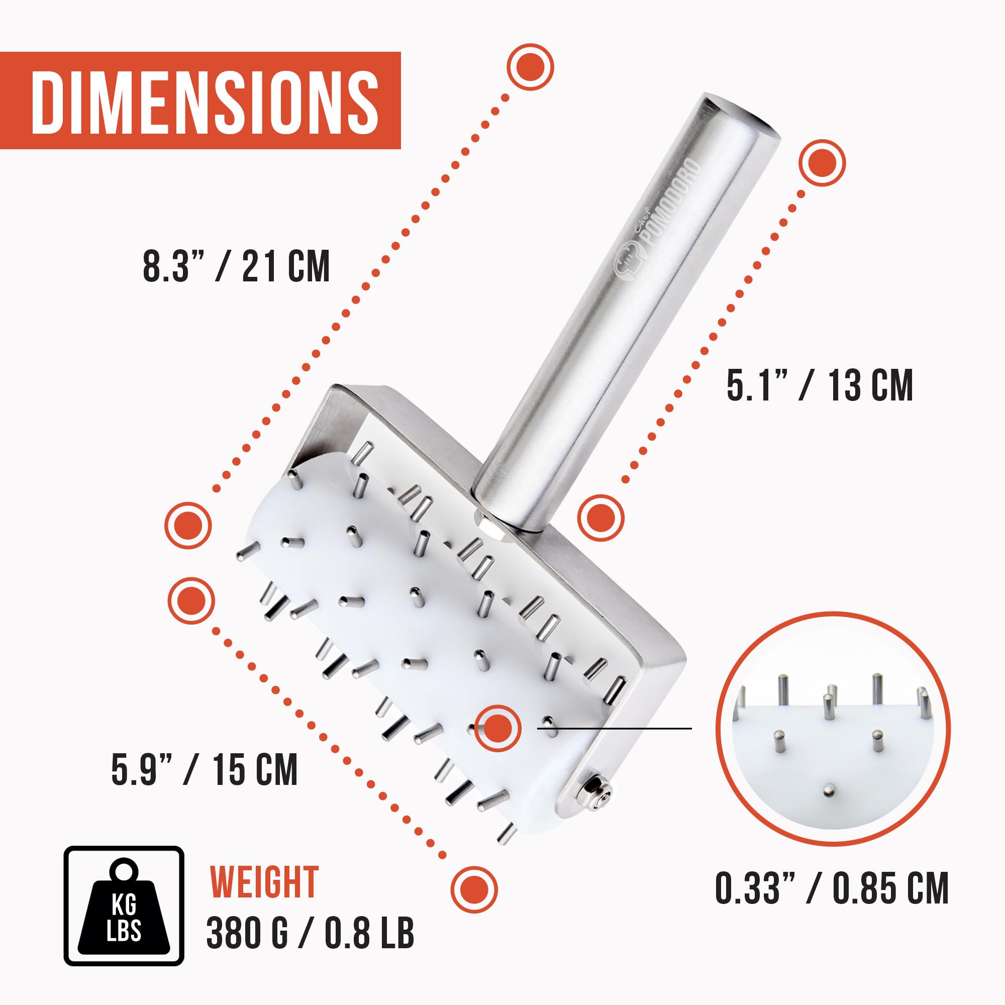 Picos de 6 cm destacan en el diseño para perforar masa uniformemente.