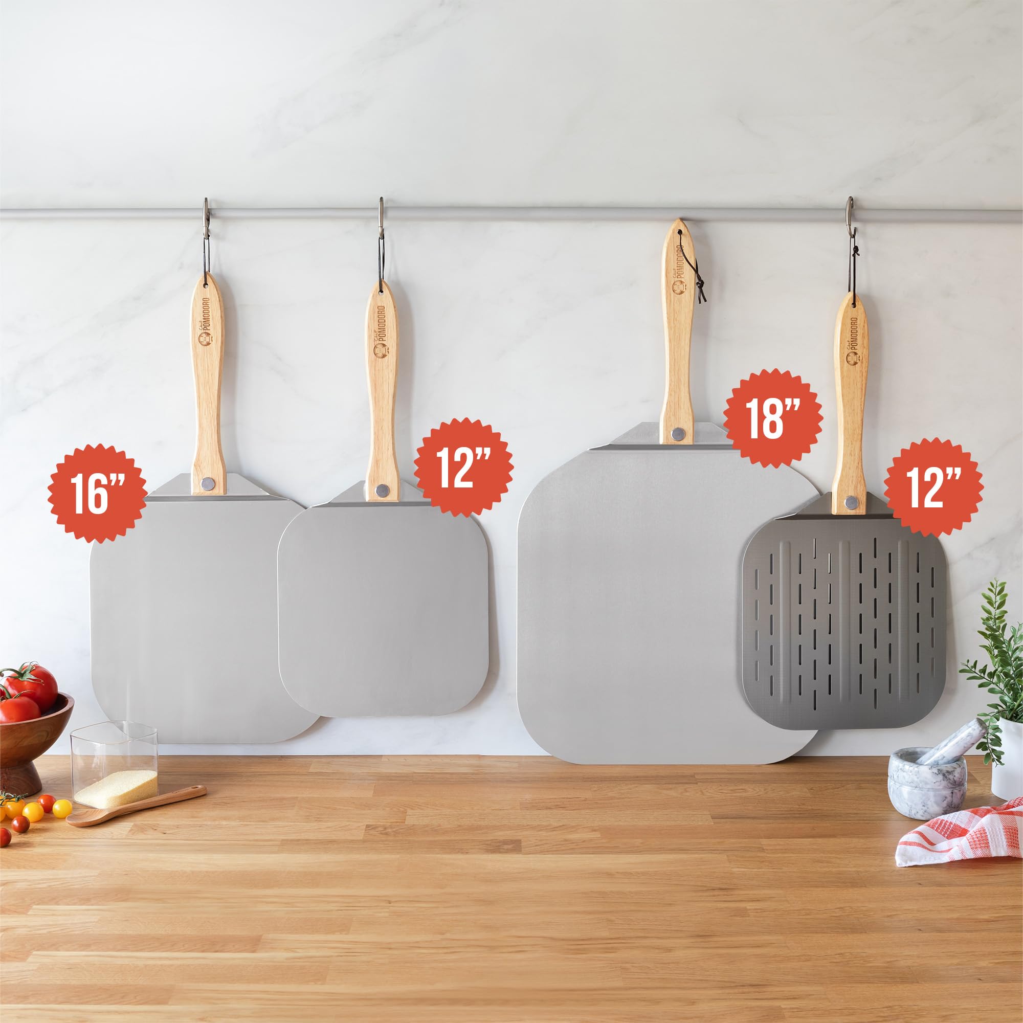Chef Pomodoro pala de aluminio compatibilidad con hornos comerciales.