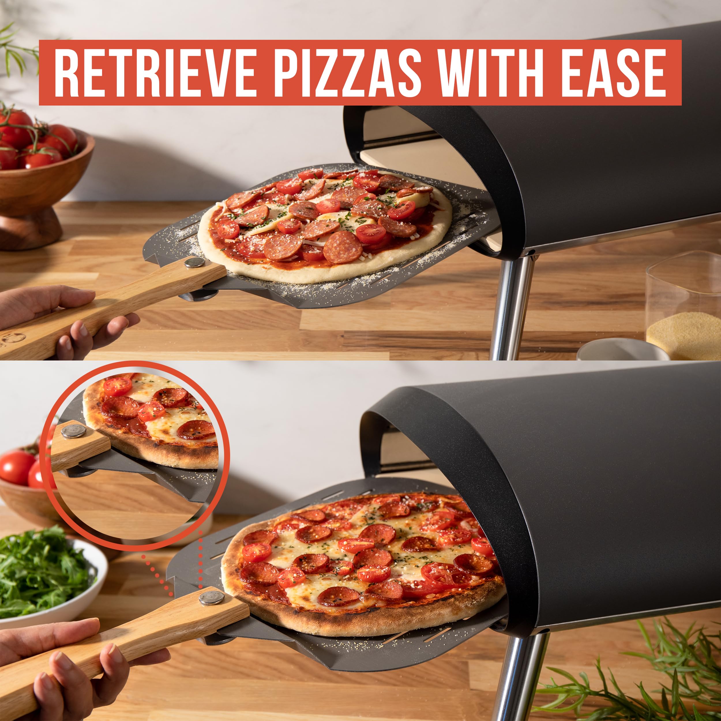 Chef Pomodoro pala para pizza facilita transferir pizzas al horno o parrilla con seguridad.
