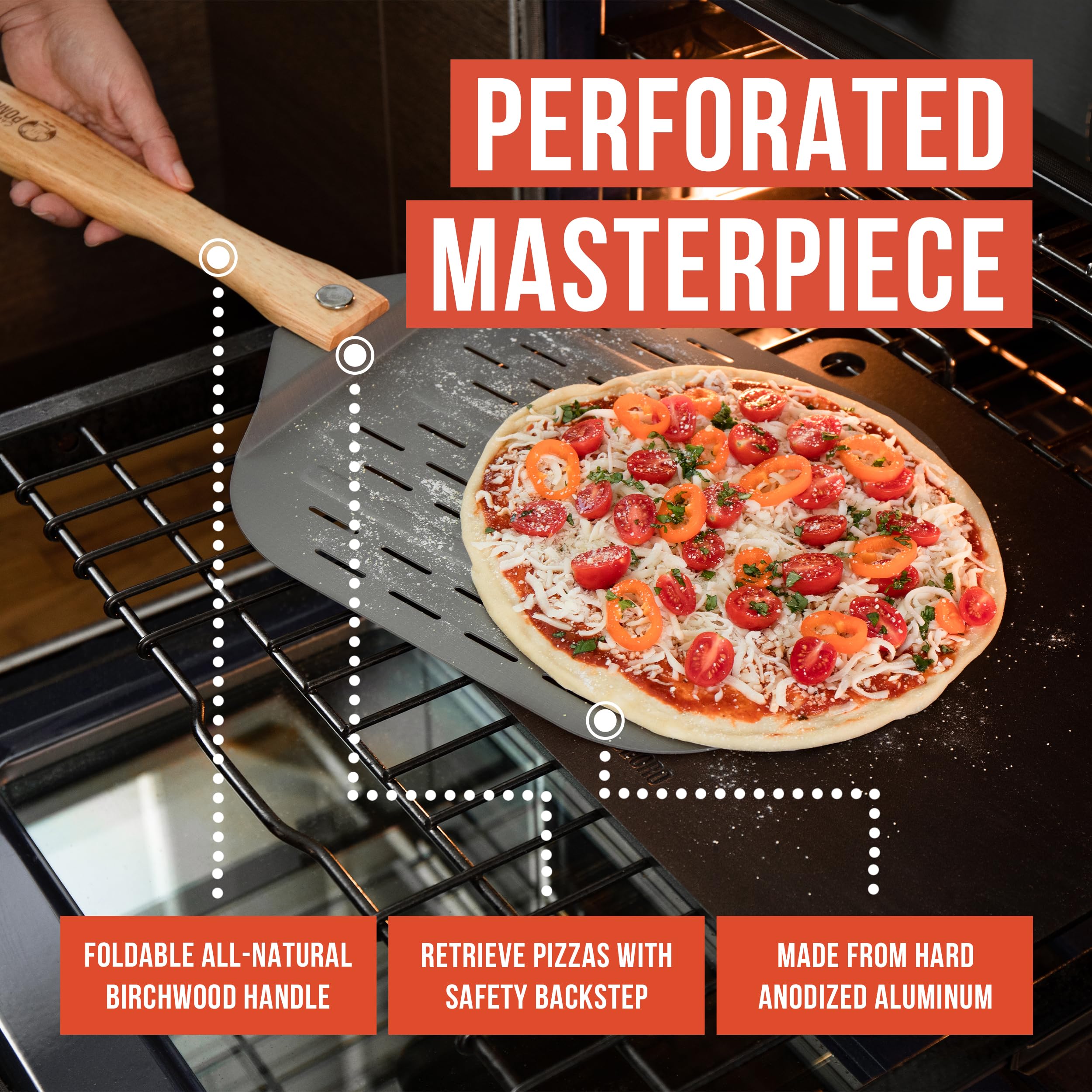Chef Pomodoro pala pizza perforada reduce fricción al deslizar la masa.
