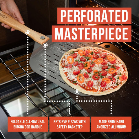 Chef Pomodoro pala pizza perforada reduce fricción al deslizar la masa.