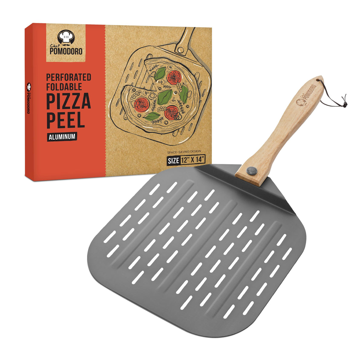 Chef Pomodoro pala pizza perforada de aluminio con mango de madera facilita liberar la masa.