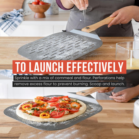 Chef Pomodoro pala pizza con huecos permite que caiga harina sobrante para base uniforme.