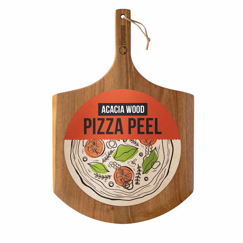 Paleta para pizza de acacia de Chef Pomodoro ideal para sacar pizzas de 14 pulgadas sin esfuerzo.