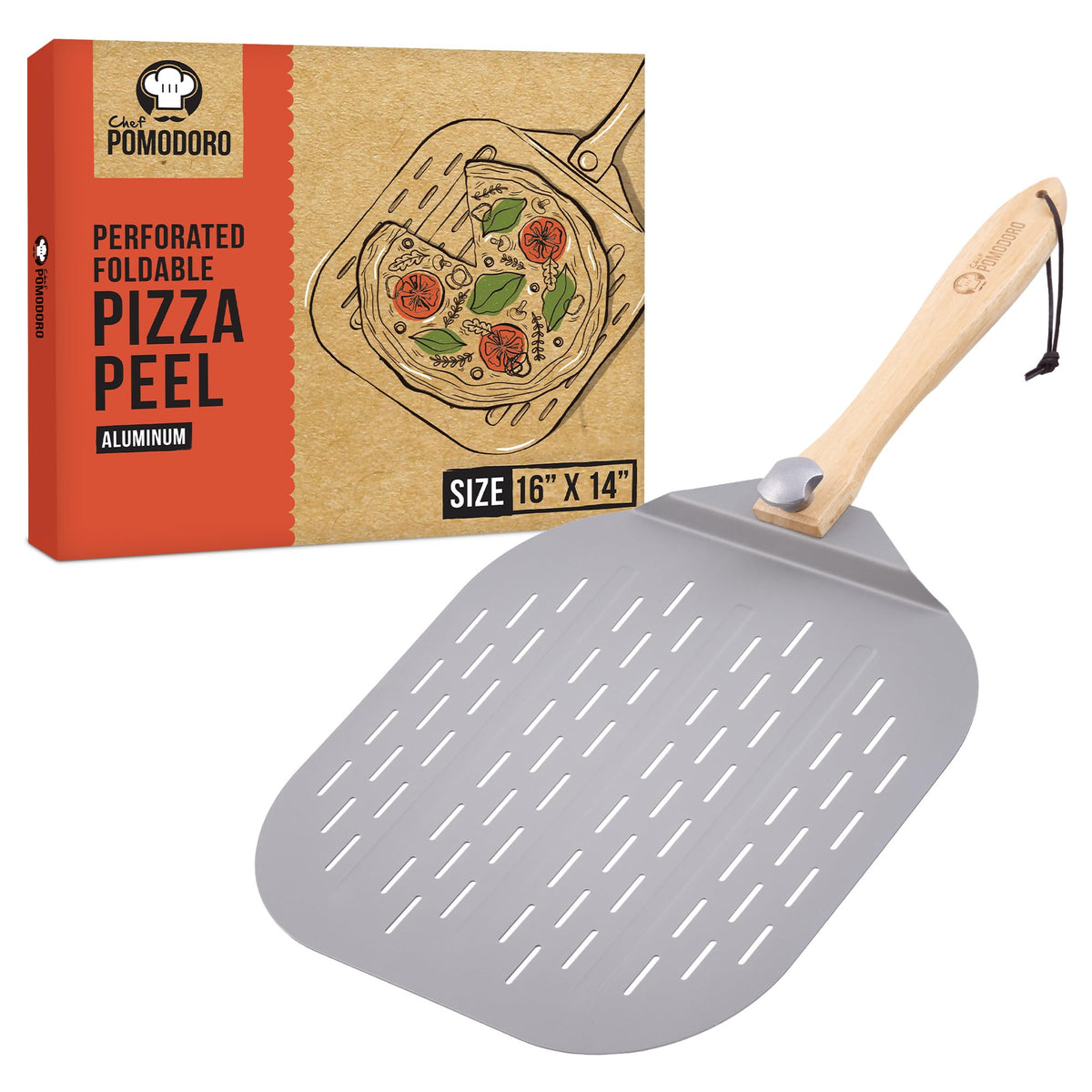 Chef Pomodoro paleta de pizza con cabeza rectangular de aluminio para pizzas crujientes.