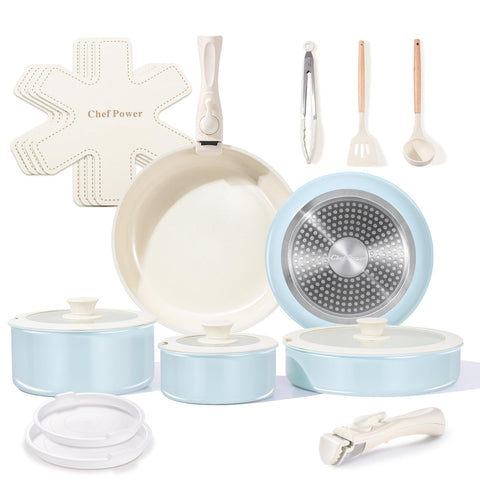 Chef Power ollas y sartenes cerámicos antiadherentes 19 piezas con mango desmontable para ahorro de espacio