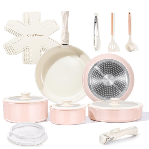 Chef Power set ollas y sartenes cerámicas, 19 piezas, mango desmontable para ahorro de espacio.