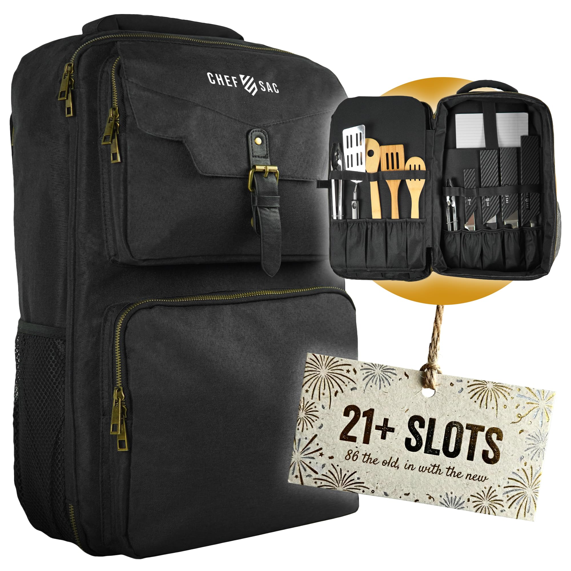 Chef Sac Mochila para chefs, vista principal, organizada para cuchillos y utensilios.