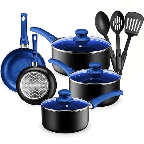 Chef's Star juego 11 piezas, imagen de conjunto azul, cocción uniforme.