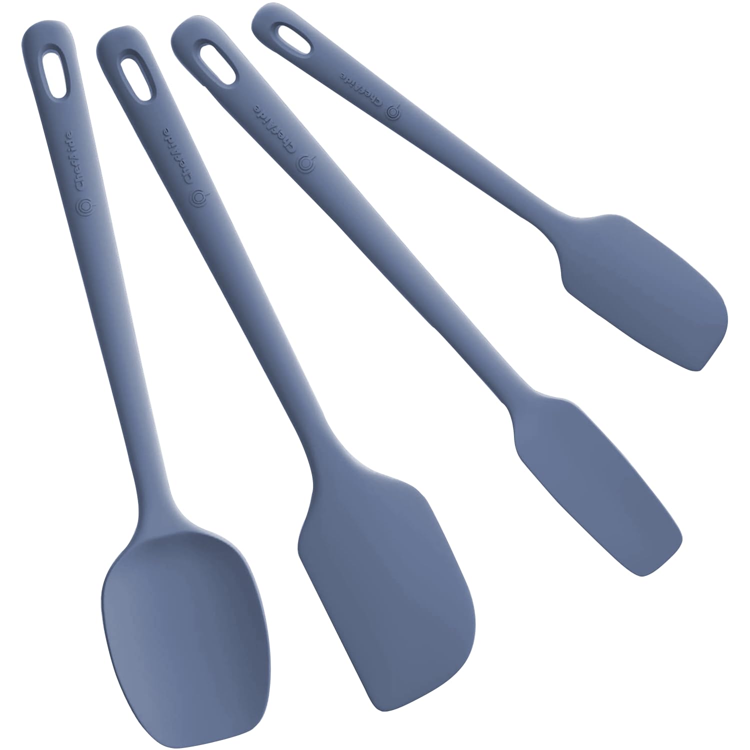 ChefAide espátulas frente con empaque mostrando set y colores, durabilidad visible