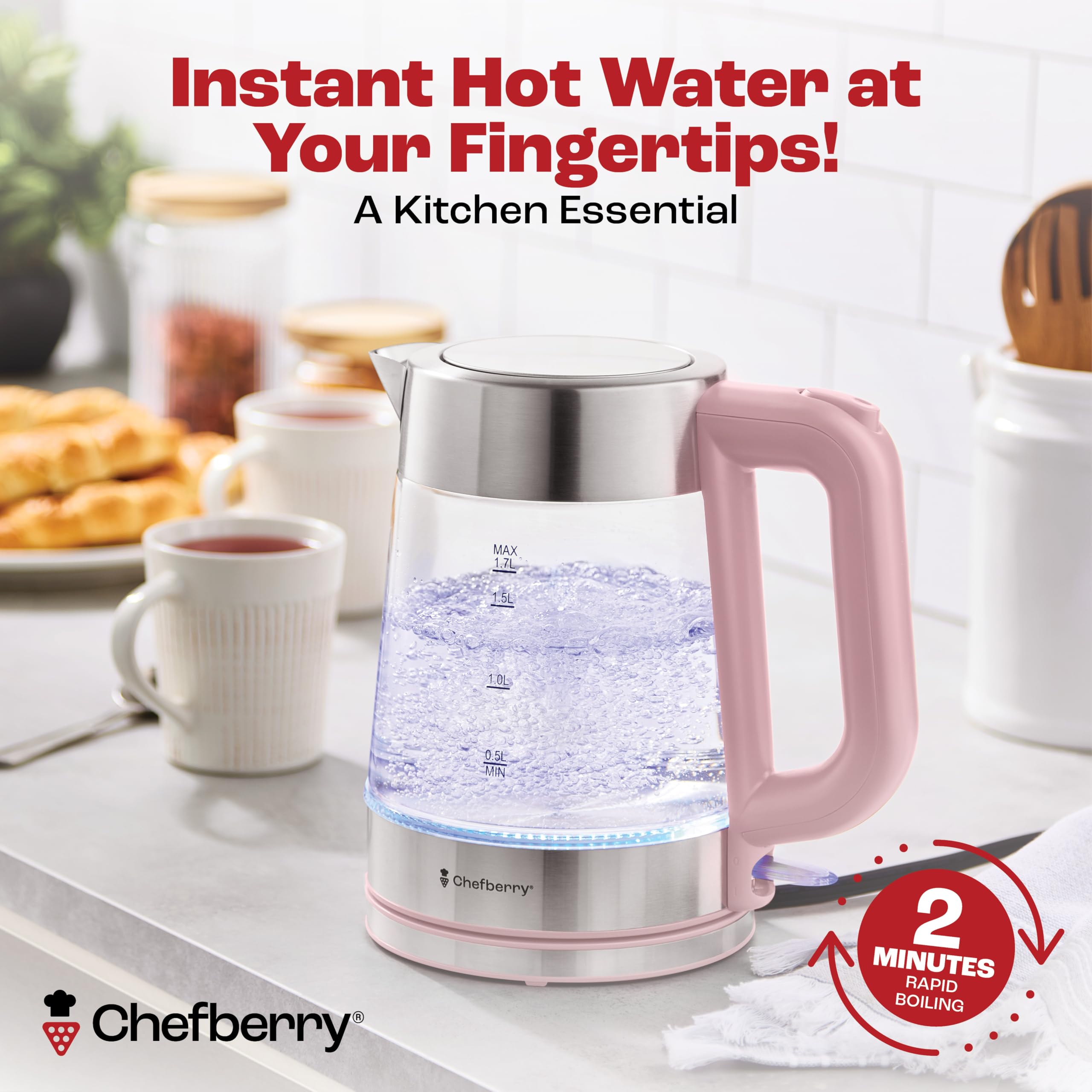Chefberry hervidor con apagado automático, uso seguro al hervir o quedarse sin agua.