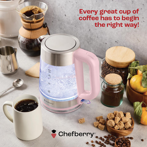 Chefberry hervidor diseño acero y vidrio, elegante y resistente para cocina u oficina.