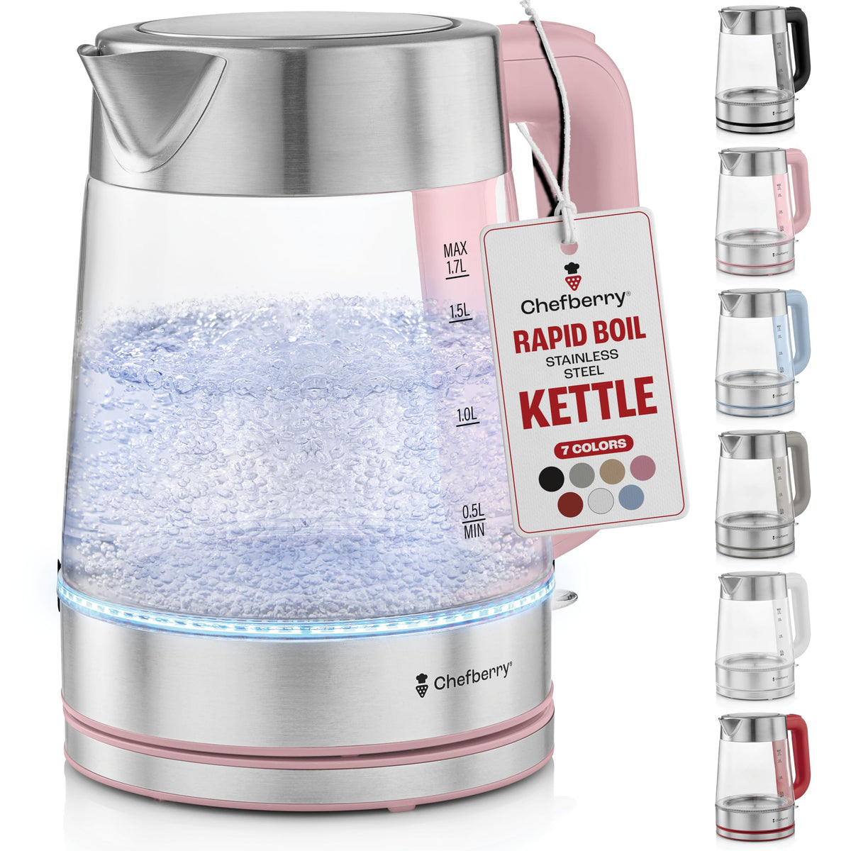 Chefberry hervidor con vidrio borosilicato, hervido claro y seguro para agua sin plástico.