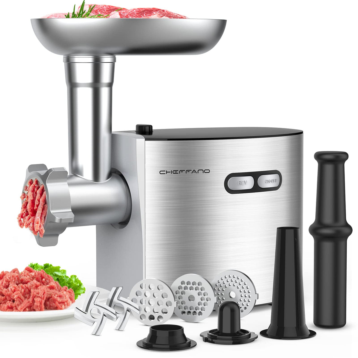 CHEFFANO picadora de carne con motor de cobre en acción, rendimiento estable.