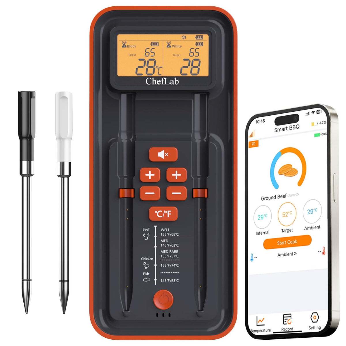 Termómetro Cheflab de carne inalámbrico con dock para monitoreo sencillo.