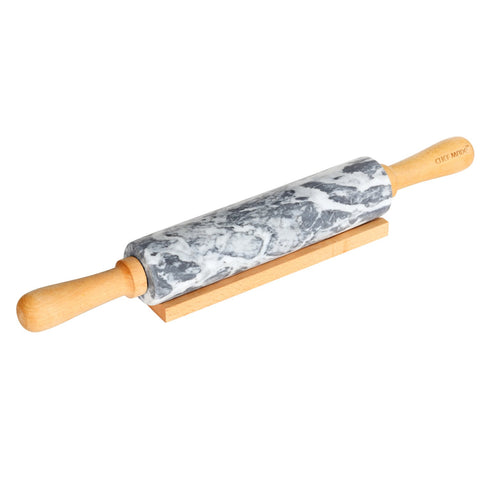 Rodillo CHEFMADE de mármol gris con mango de madera y soporte estable para amasar.