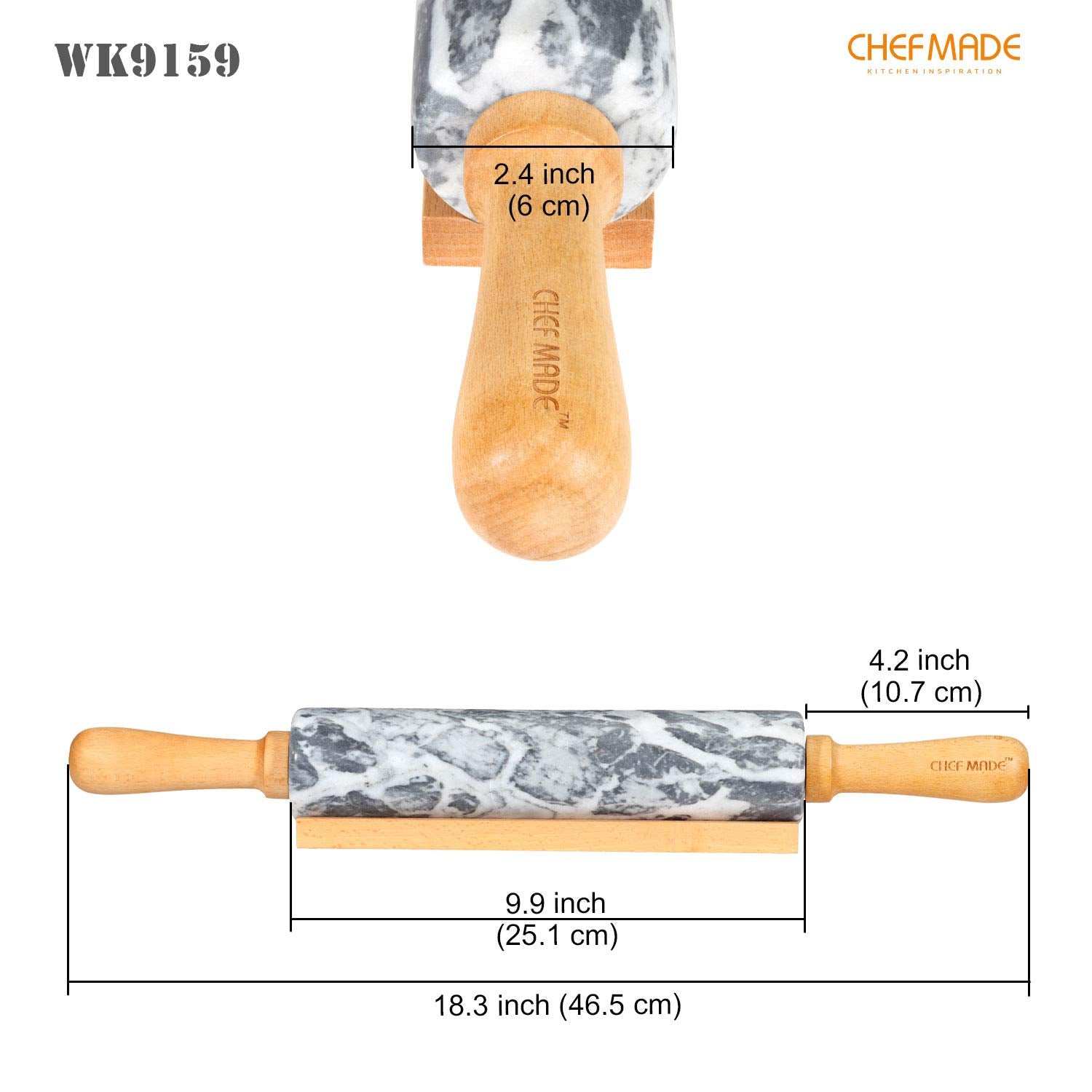Rodillo CHEFMADE de mármol gris-blanco con superficie antiadherente natural para masa suave.
