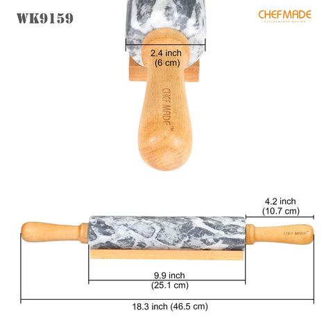 Rodillo CHEFMADE de mármol gris-blanco con superficie antiadherente natural para masa suave.