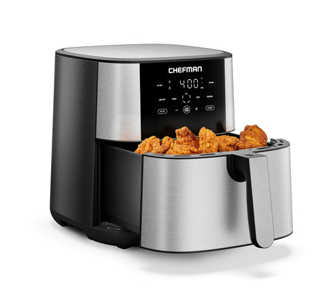 Chefman Air Fryer 8 Qt con bandeja antiadherente para frituras crujientes.