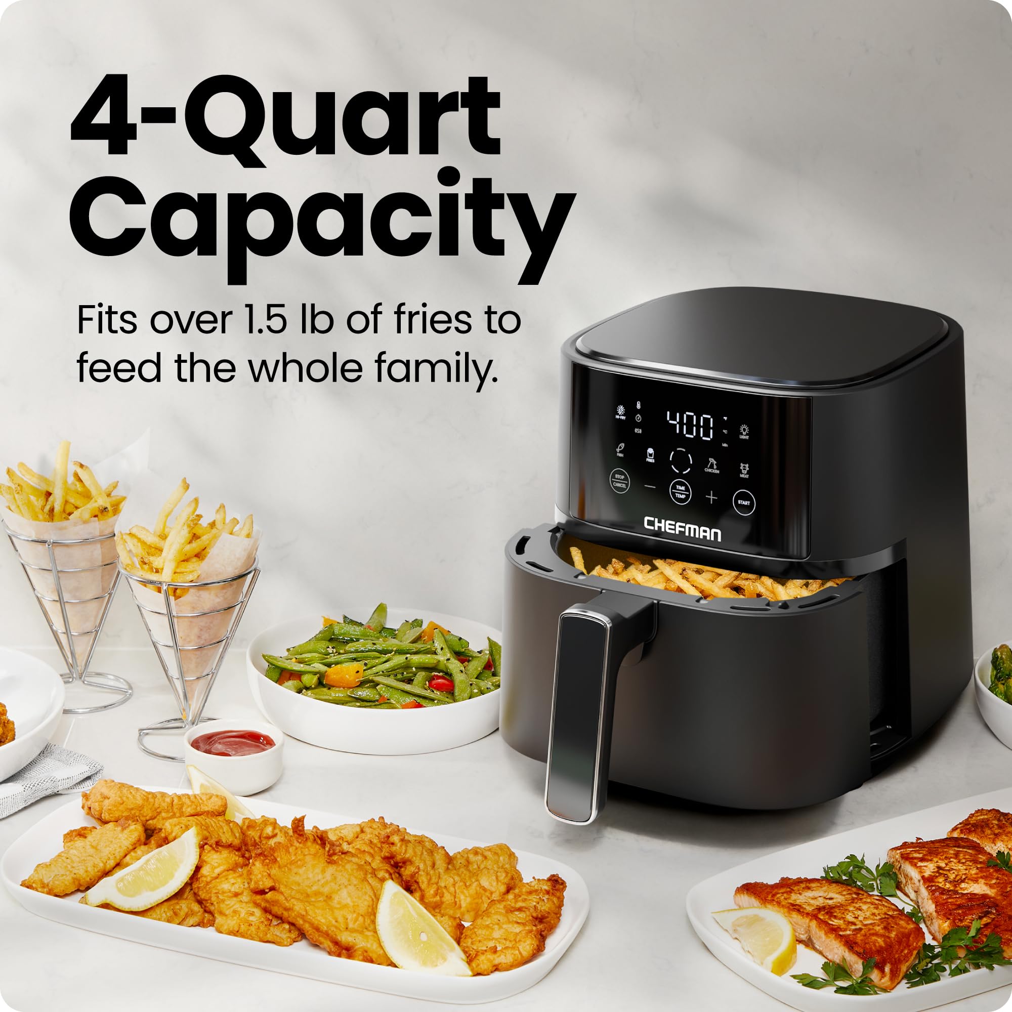 Chefman detalle indicador Hi-Fry 450°F para acabado extra crujiente