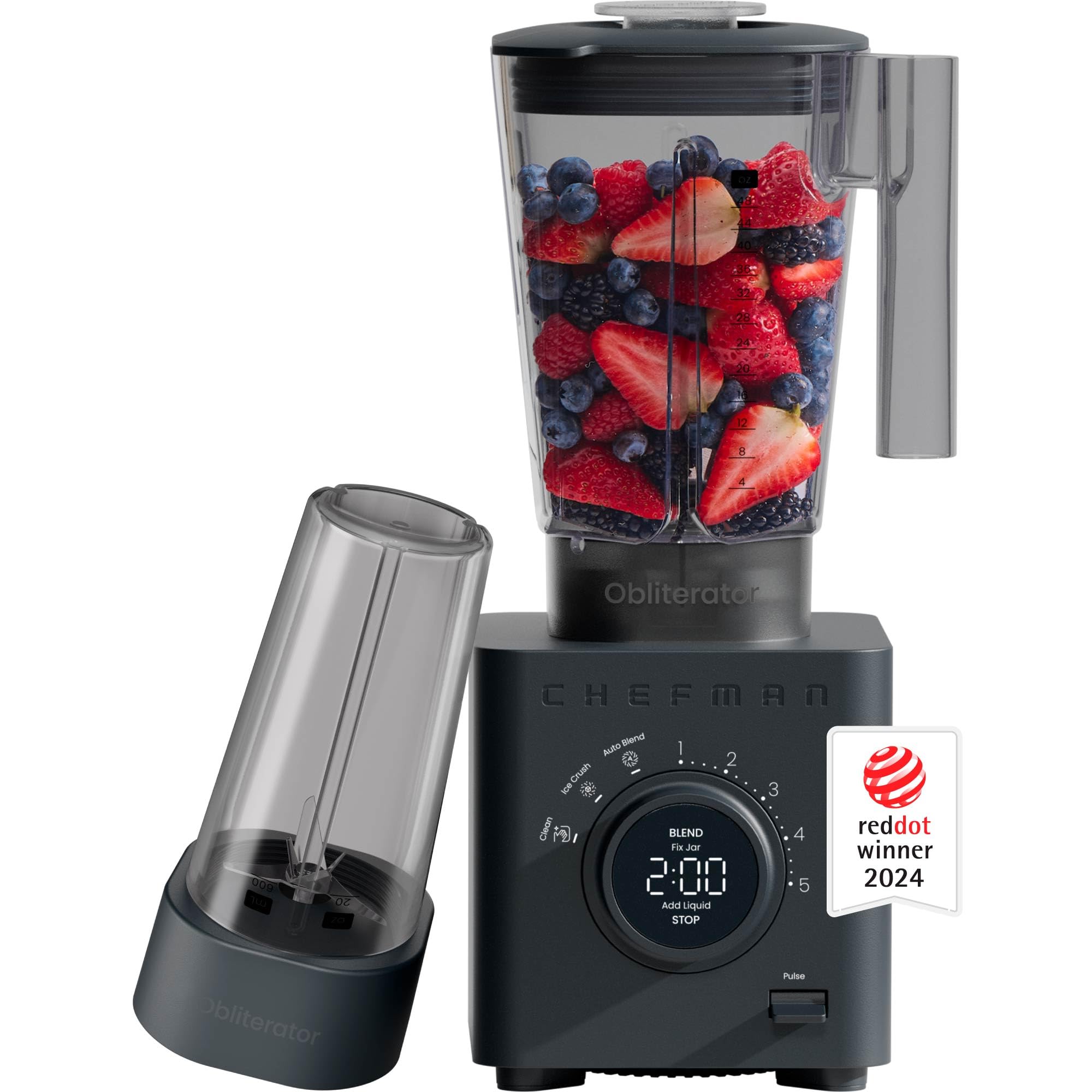 Chefman Obliterator con jarro de 48 oz, ideal para batidos familiares.