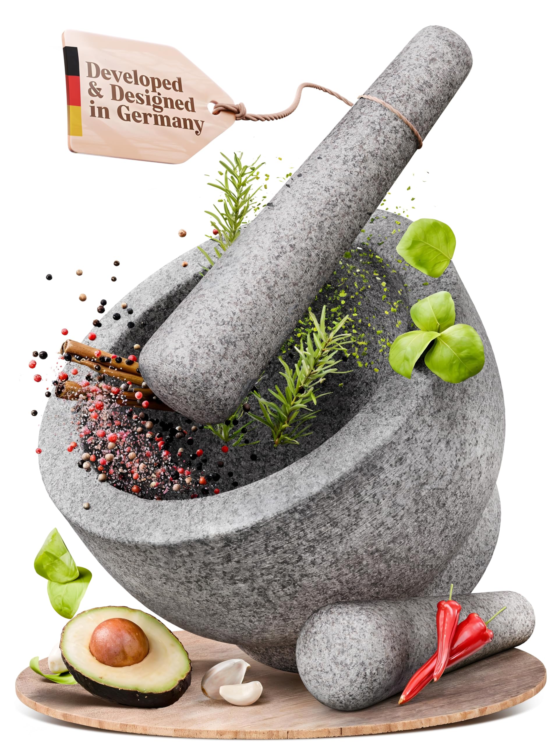 ChefSofi mortero de granito sin pulir con interior rústico para moler ingredientes.