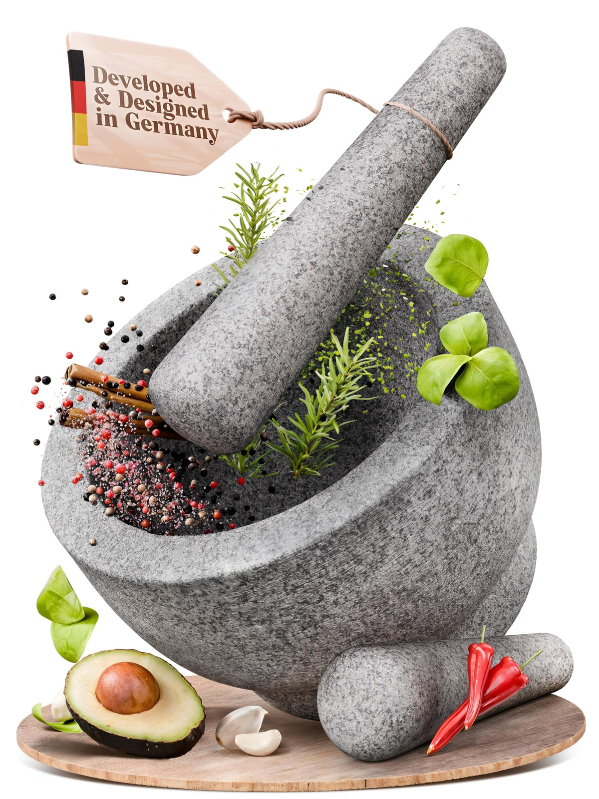 ChefSofi mortero de granito sin pulir con interior rústico para moler ingredientes.