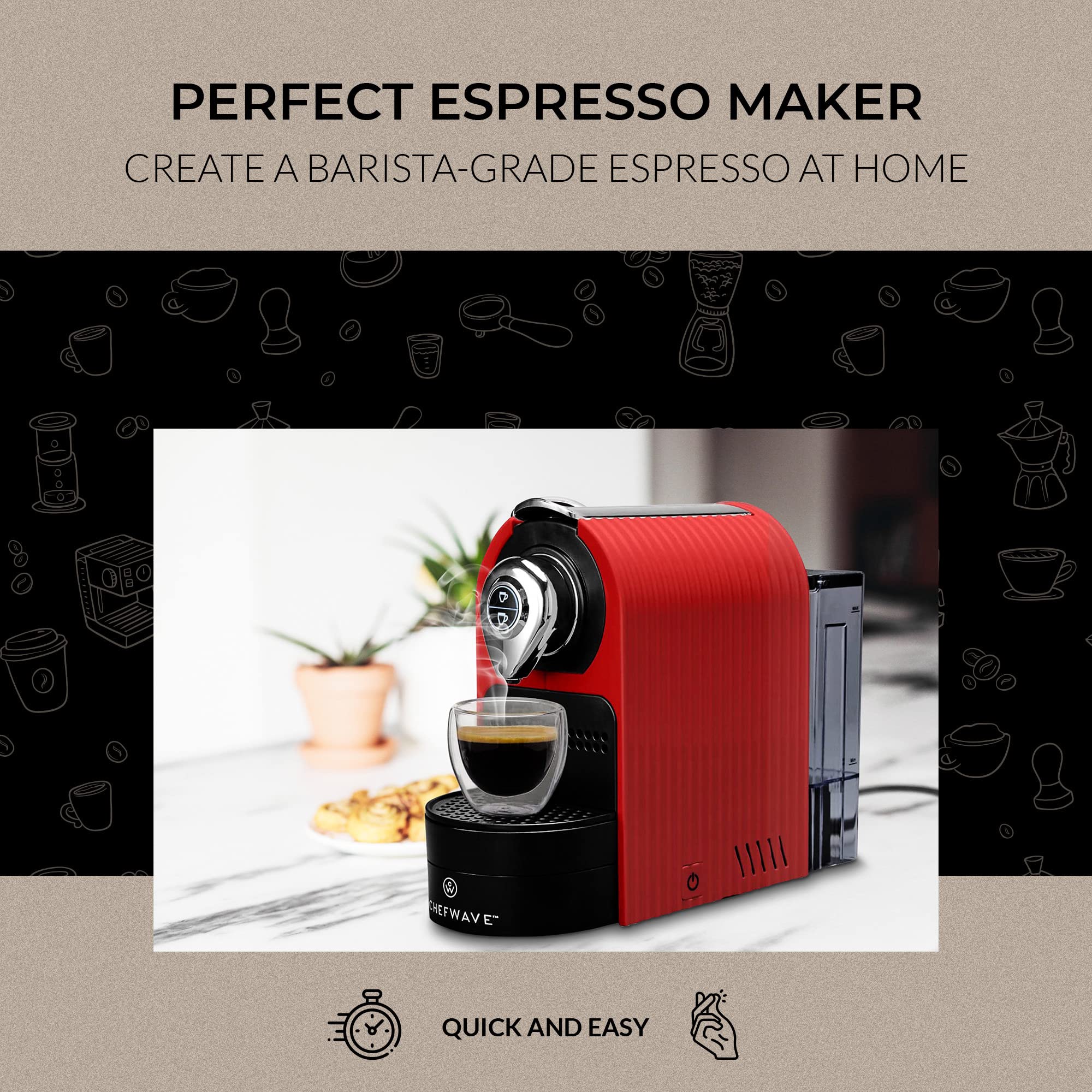 ChefWave Espresso Accesorios incluidos; soporte de cápsulas y tazas de doble pared.