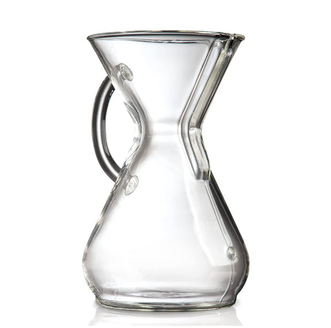 Chemex con mango de cristal para vertidos uniformes y aroma limpio.