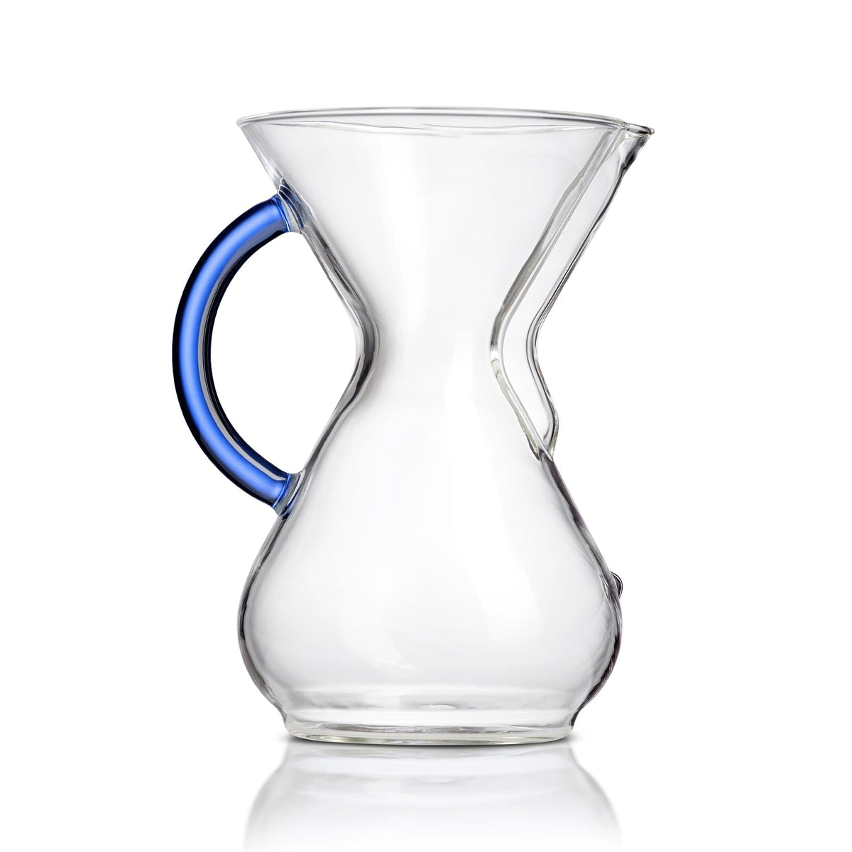 Chemex cafetera vertido frontal en vidrio azul zafiro, diseño elegante para café limpio
