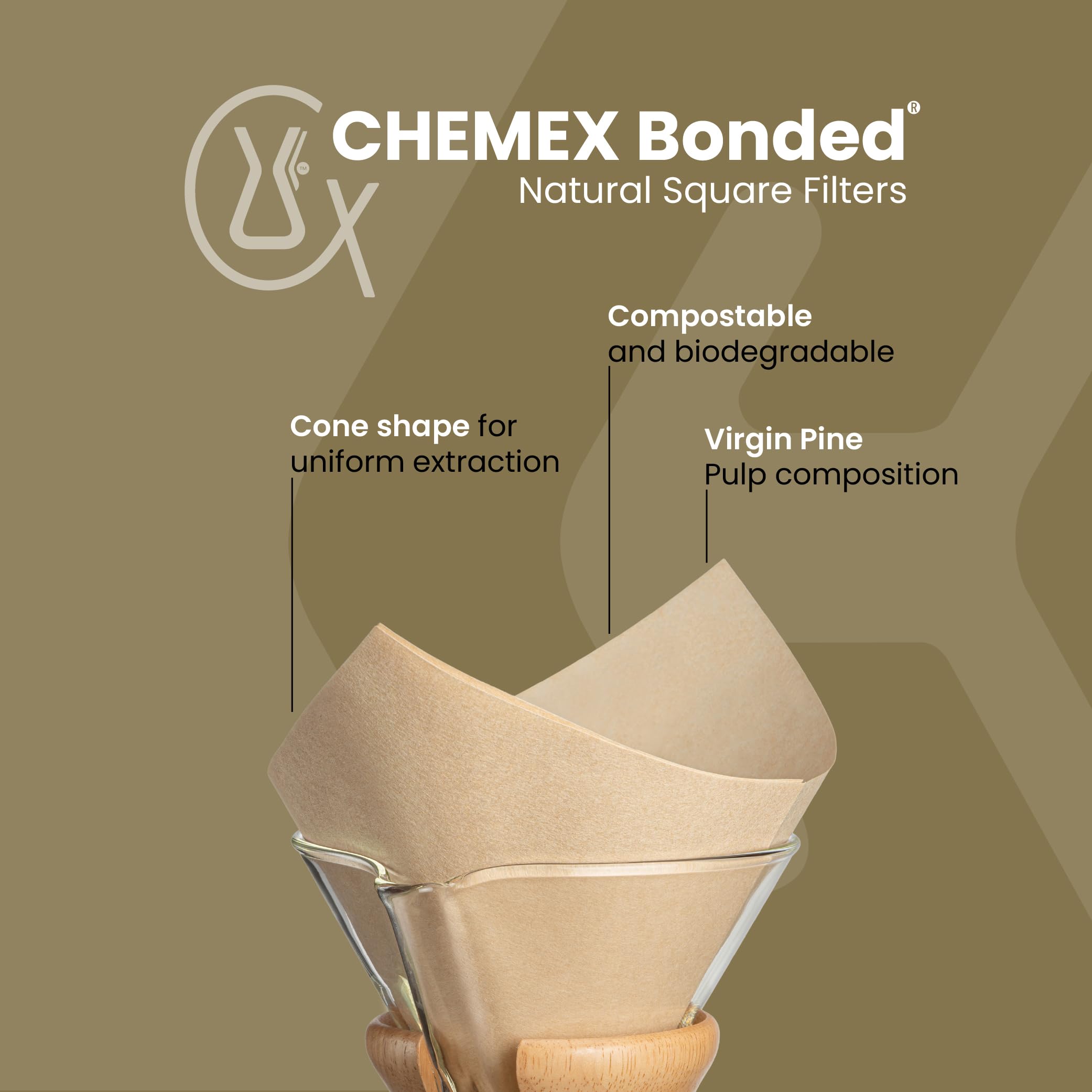Chemex filtro unido natural cuadrado, detalle fibra densa para filtración limpia.