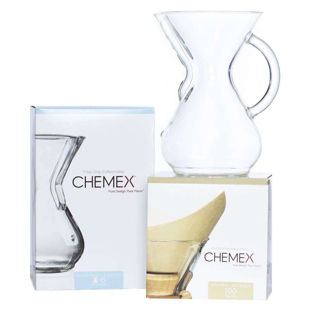 Chemex paquete de seis tazas con mango de vidrio para vertido cómodo y controlado.