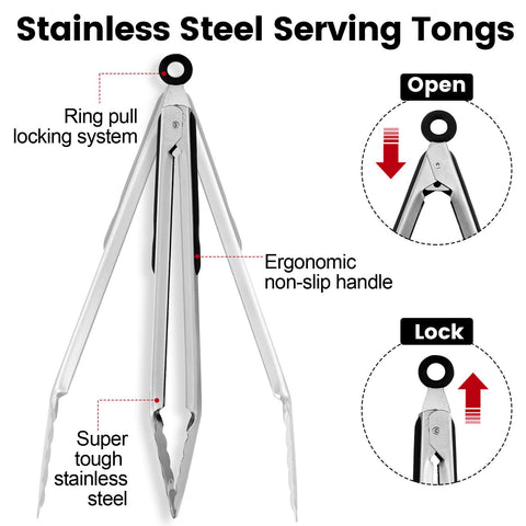 Chengu pinzas de acero inoxidable de 12 pulgadas para asados grandes y seguridad.