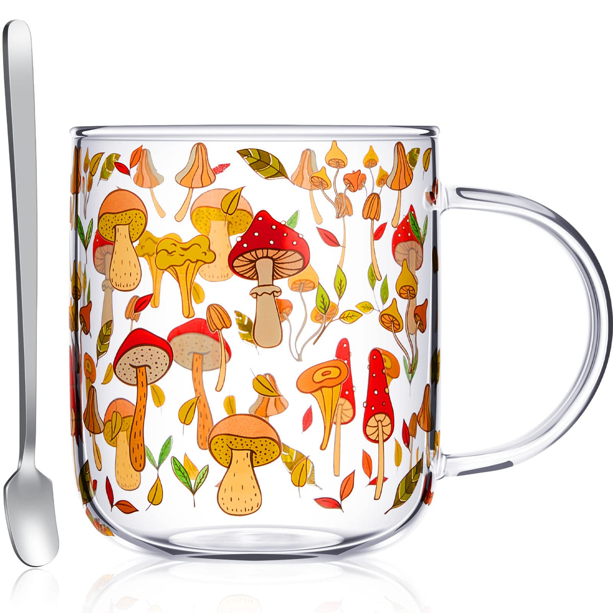 CHENGU Taza hongo con asa, vidrio claro, ideal para café o té.