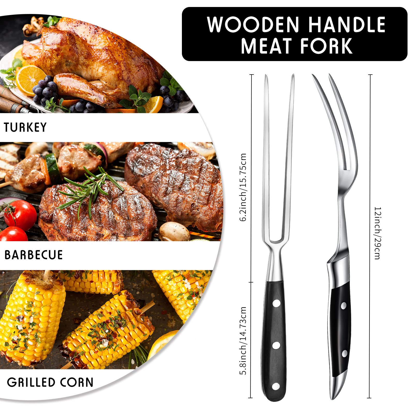 CHENGU tenedor carne con mango de madera, agarre ergonómico y cómodo para servir.