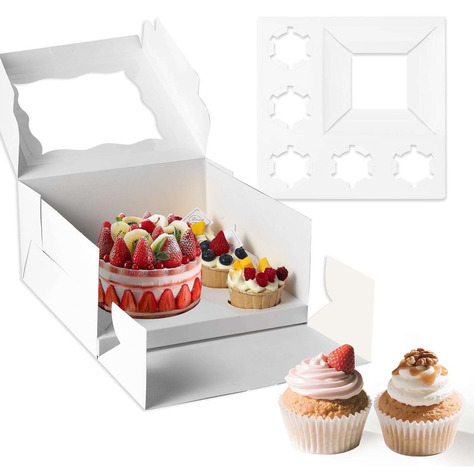 Cajas CHENZEM para pasteles y magdalenas con ventana transparente que exhibe los postres.