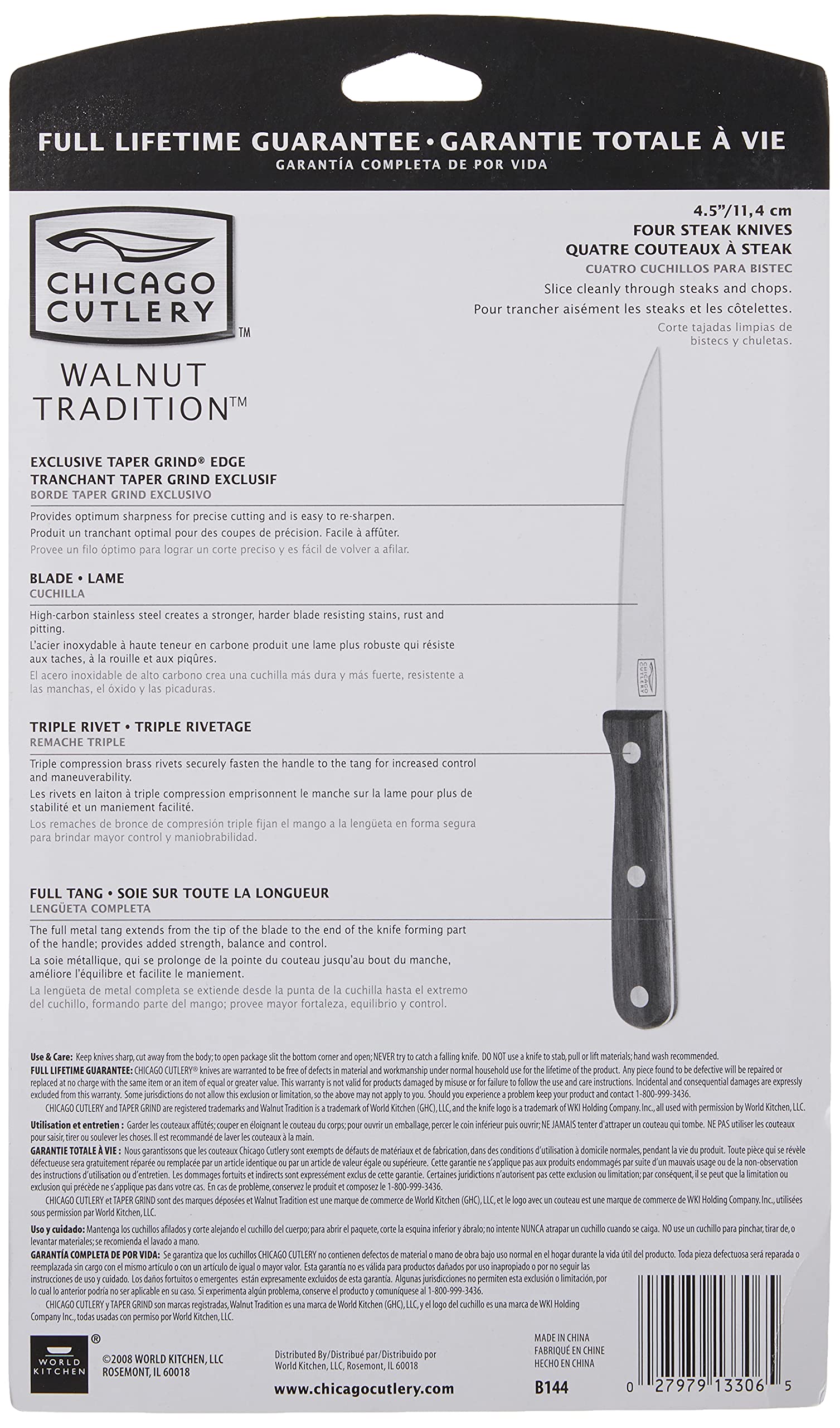 Chicago Cutlery B144 hoja acero inoxidable, filo estable para cortes limpios.