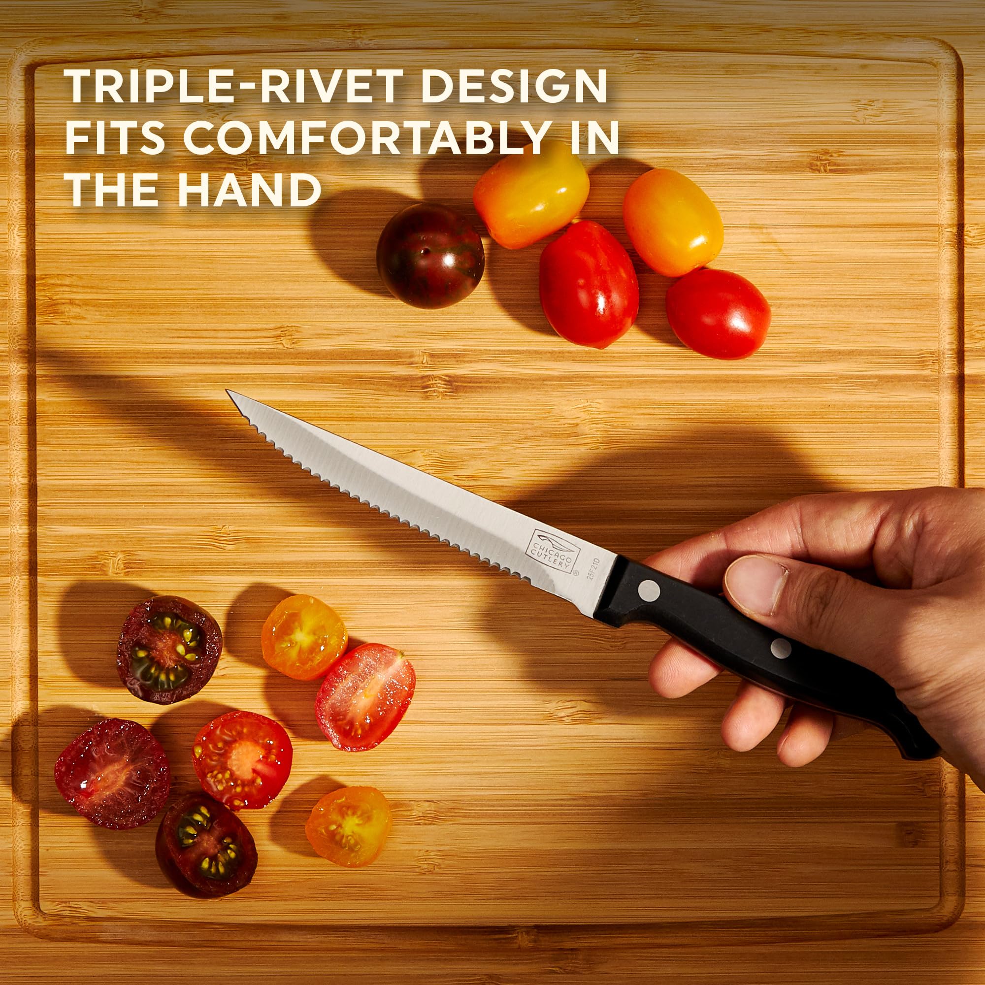 Borde de 26 grados para cortes precisos con los cuchillos Essentials de Chicago Cutlery