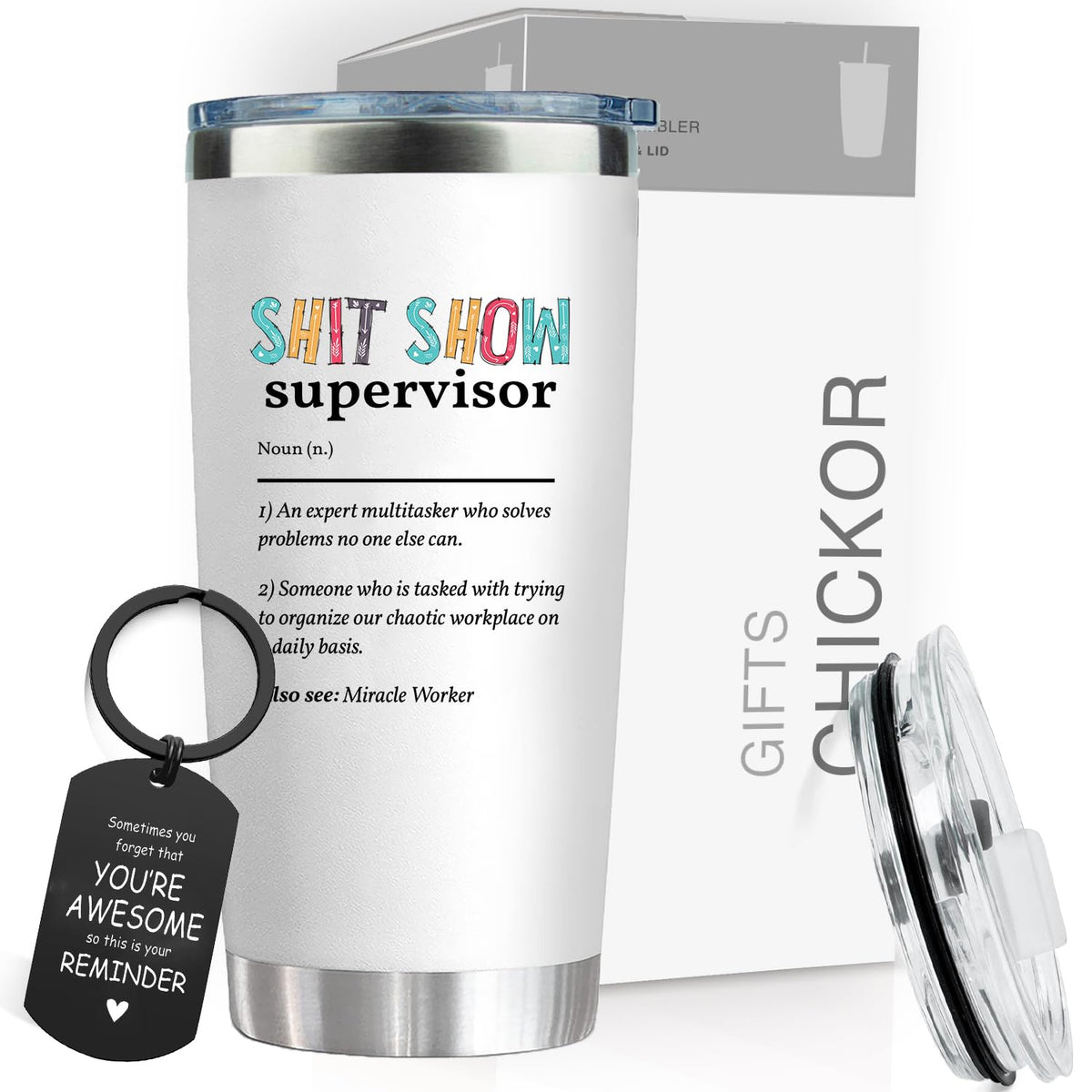 Taza CHICKOR Desmadre Supervisor vista frontal, ideal para oficina y regalos con humor.