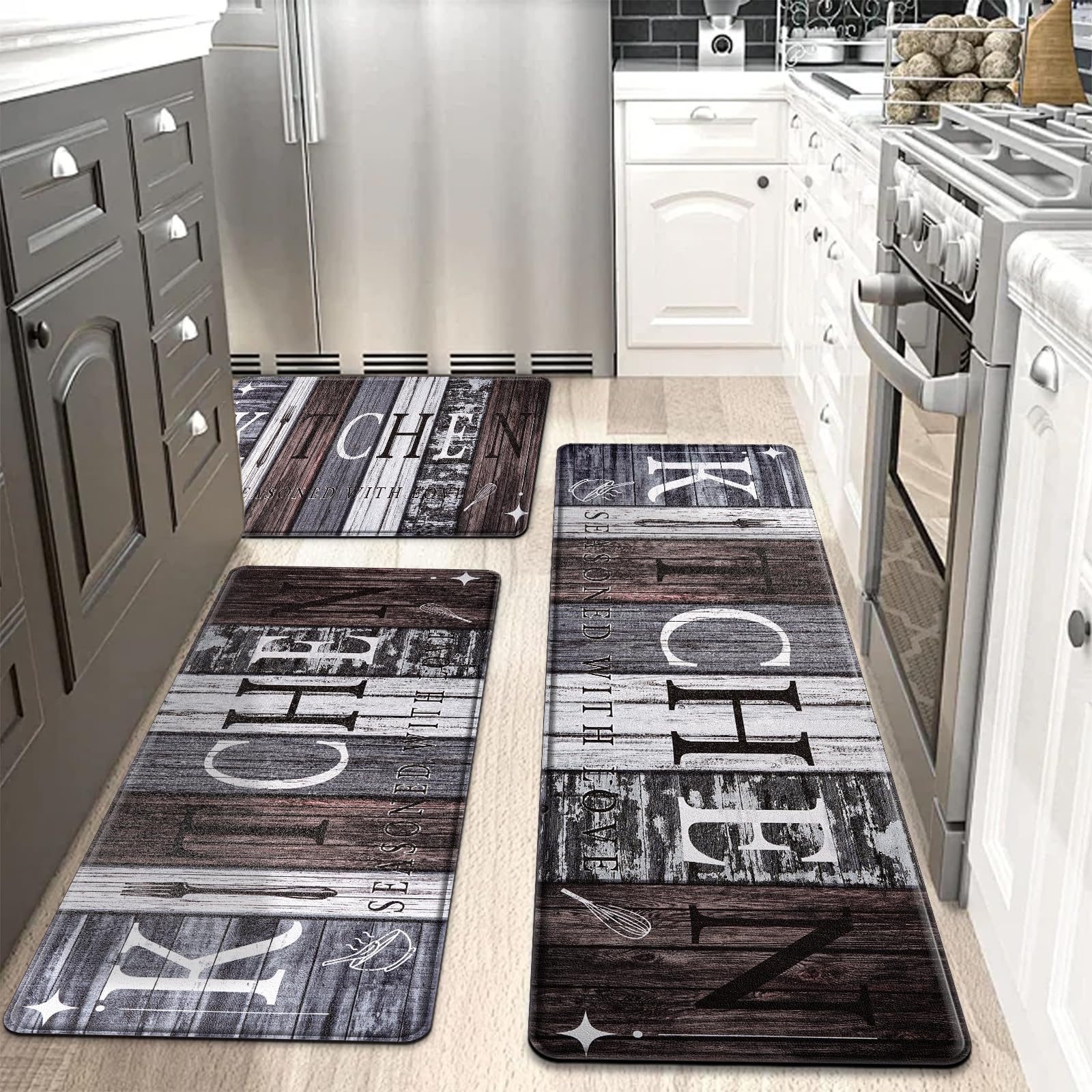 CHICNOOK alfombra PVC para cocina, diseño de tablas de madera, conjunto de 3