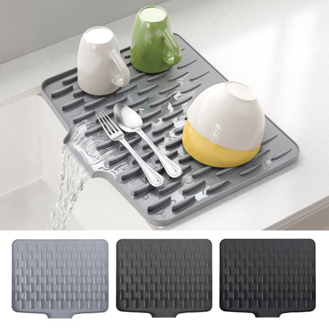 CHIKILLA alfombrilla de silicona para secar platos con drenaje rápido en la encimera.