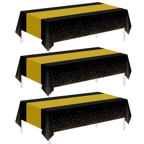 Mantel plástico negro dorado de Childom cubre mesa 54x108 para fiestas.
