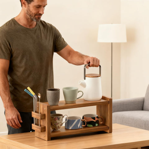 Espacio para tazas, tarros y condimentos en dos niveles