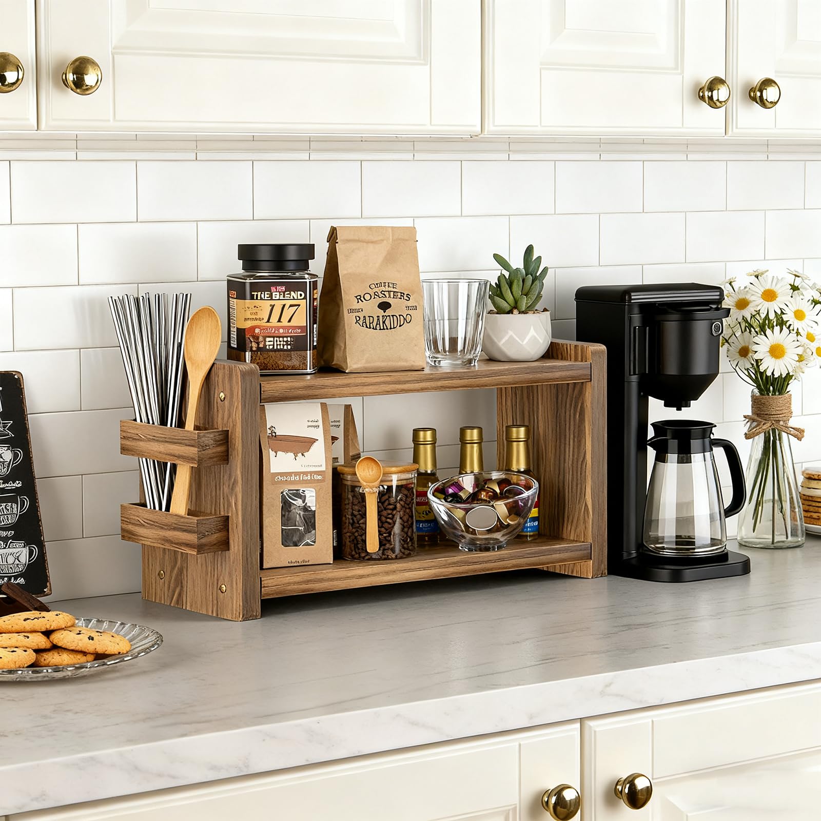 Organizador de encimera chilinii con soporte para pajitas y cápsulas de café
