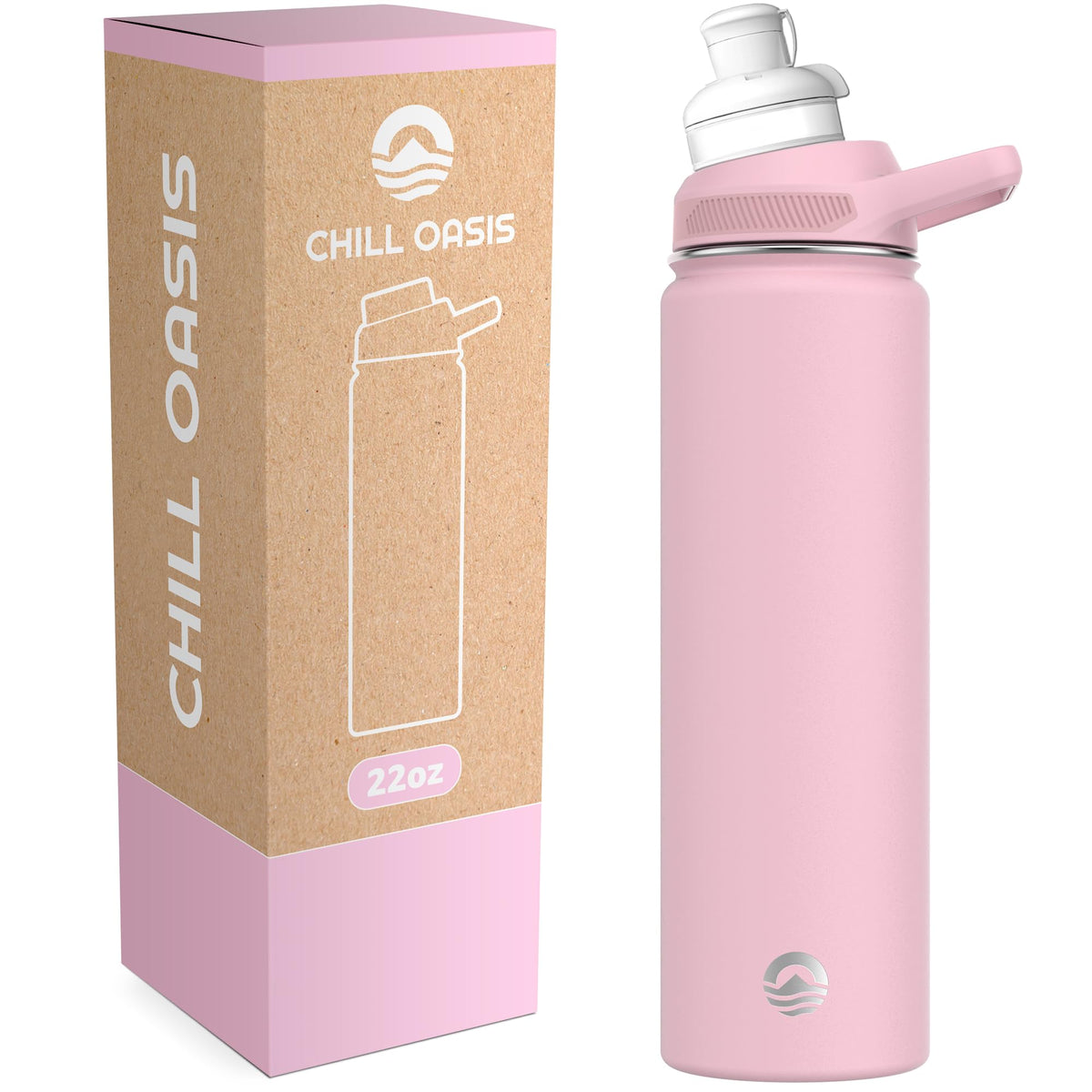 Chill Oasis botella rosa 22 oz para llevar agua fría durante el día.