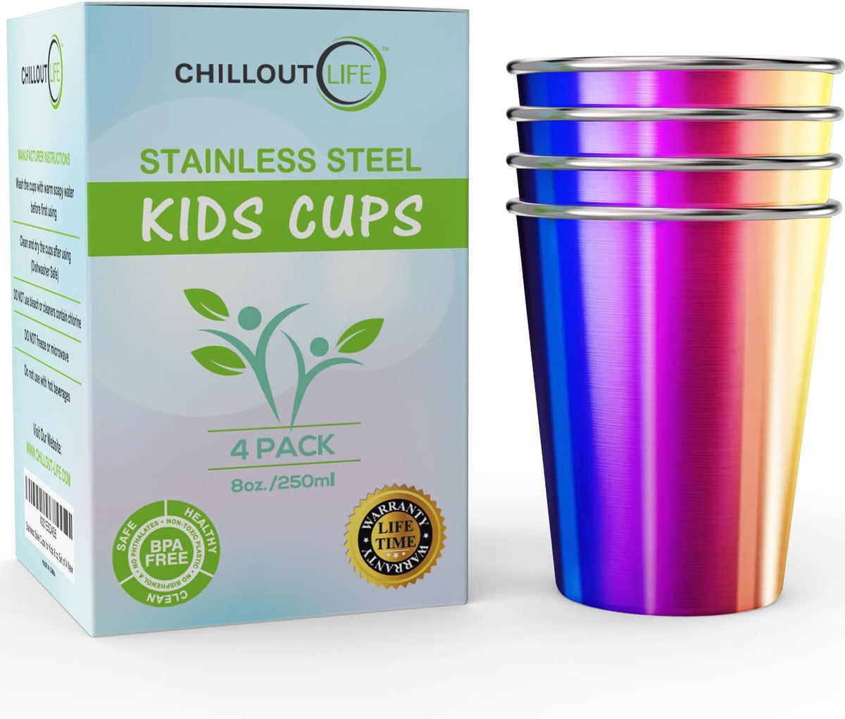 Vaso CHILLOUT LIFE para niños, acero inoxidable 8 oz, arcoíris, ideal para casa